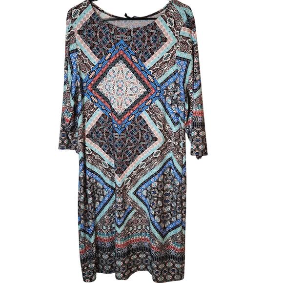 Be by Chetta Womens Dress Knit Sz 16 Black Multi Print Half Sleeve Midi Boho - Picture 1 of 9